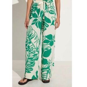 Panama Jack Green  Tropical Floral Linen Blend Wide Leg Crop Pants Womens L